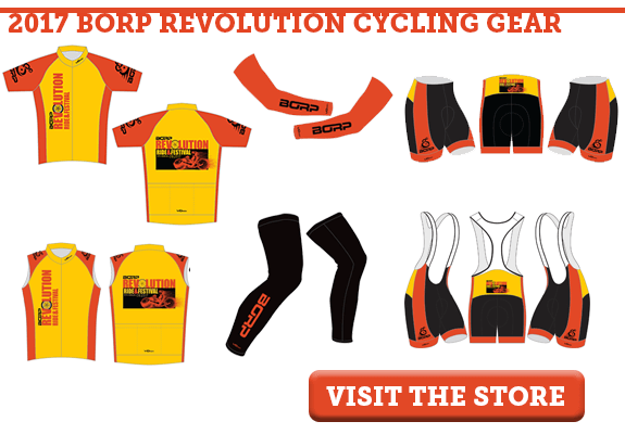 Picture above shows the 2017 BORP Revolution Cycling Gear Short sleeve jersey is yellow with red sides and sleeves and the Revolution Jersey placed vertically on the left side. A BORP logo is in black on the sleeves. The back of the jersey has a horizontal Revolution logo with a hand cyclist and three pockets. (Sponsor logos will appear on the pockets.) Sleeveless Jersey is the same design as the short sleeve jersey, with the BORP logo appearing on the red shoulders. Arm warmers are red with a black BORP logo. Leg warmers are black with a red BORP logo. Shorts and bibs are black with a red stripe on the side and a yellow waist band. The BORP logo is in black on the red stripe. The back of both items feature the Revolution logo on the yellow waist band.