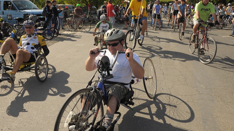 Cyclists at the starting line of the Revolution Ride