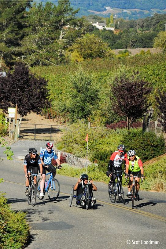 An adapative cyclist is surrounded by four upright cyclists on a beautiful day in the wine country