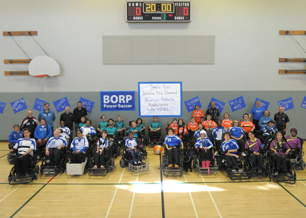 Players from the Nov. 15/16, 2014 Power Soccer tournament in Berkeley pose for a group photo