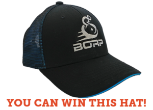 You can win this hate: picture of black and blue baseball cap with BORP logo embroidered on front