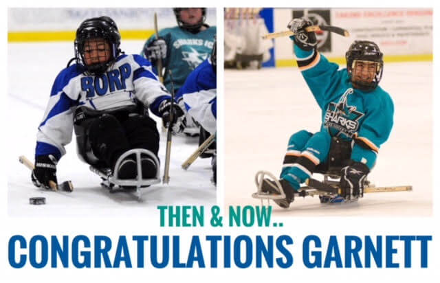 Two images of Garnet Silver Hall, one playing sled hockey as a small child and a more recent photo of Garnett playing sled Hockey Text reads "Then and Now... Congratulations Garnett"