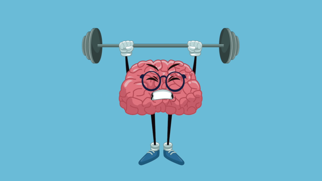 cartoon image of a brain lifting weights