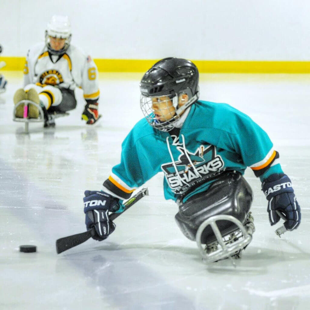 Kid playing sled hockey