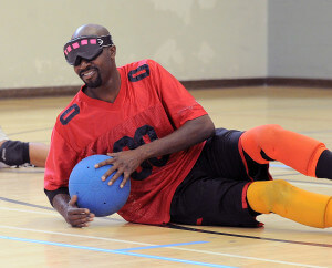 a BORP goalball player smiles after making a save