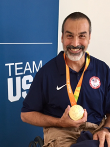 Trooper Johnson, Assistant Coach for USA Women's Wheelchair Basketball, with Gold Medal in Rio