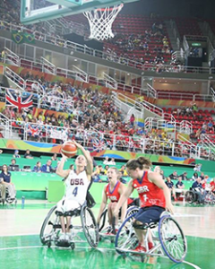 Action shot from Women's Wheelchair Basketball: USA v Britain at the 2016 Paralympic