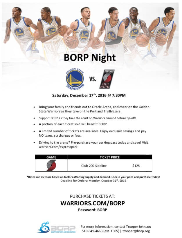 Flyer for BORP Night at Oracle Arena for Warriors v Trailblazers on December 17