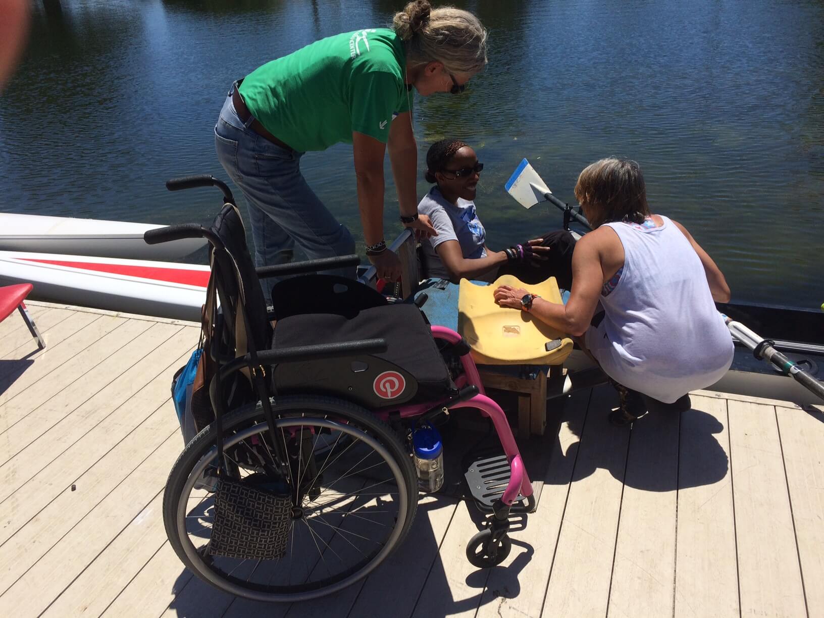 Getting into the boat and ready to row at BORP's adaptive dock