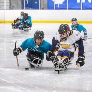 battling for the puck on the ice