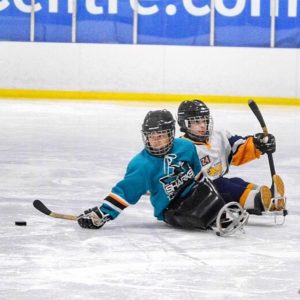 battling for the puck on the ice