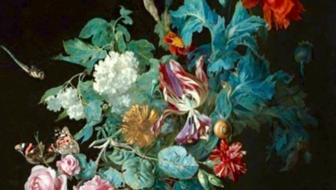 Hidden Stories Tour Artwork: colorful flower bouquet with large green leaves arranged in a vase placed on a marble table with a black background