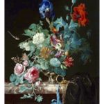 Hidden Stories Tour Artwork: colorful flower bouquet with large green leaves arranged in a vase placed on a marble table with a black background