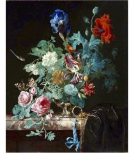 Hidden Stories Tour Artwork: colorful flower bouquet with large green leaves arranged in a vase placed on a marble table with a black background