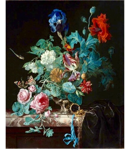 Hidden Stories Tour Artwork: colorful flower bouquet with large green leaves arranged in a vase placed on a marble table with a black background