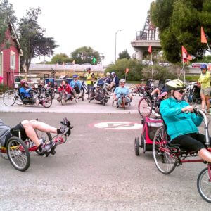 Large group of adaptive cyclists leave BORP cycling center