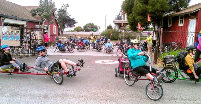 Large group of adaptive cyclists leave BORP cycling center