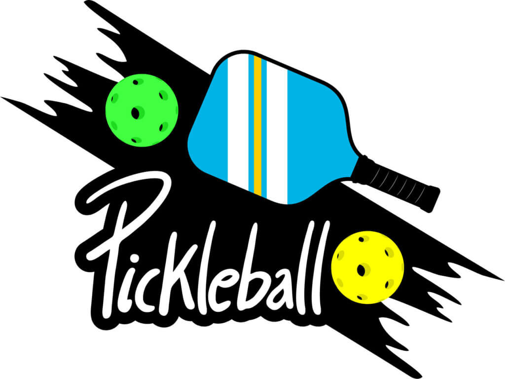 Pickleball cartoon image with paddle, two balls, and the word pickleball.