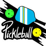 Pickleball cartoon image with paddle, two balls, and the word pickleball.