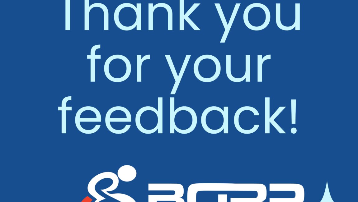 Light blue text on blue background reading "thank you for your feedback." Below text is the BORP logo, depciting a person pushing a wheelchair and the words "BORP Adaptive Sports and Recreation."
