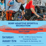 Image of two kids playing wheelchair basketball. Text on flyer says youth basketball camp - August 15, 10am-3pm, James Kenney Community Center, 1720 8th St., Berkeley